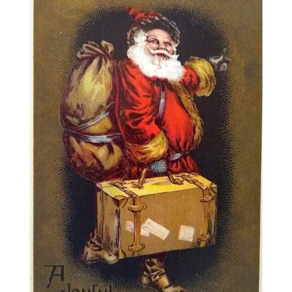 Santa Claus Christmas Postcard Saint Nick Suit Case Toy Sack Embossed Series 909 - Picture 1 of 3